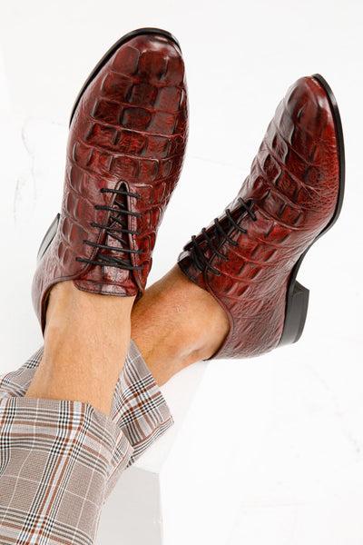 The Randor Burgundy Croc-Embossed Leather Oxford Men Shoe