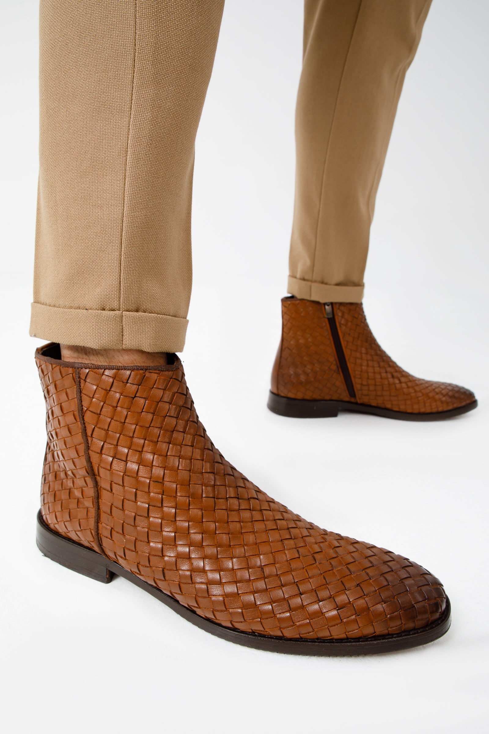 The Wellington Tan Handwoven Leather Men Boot with a Zipper Final Sale!