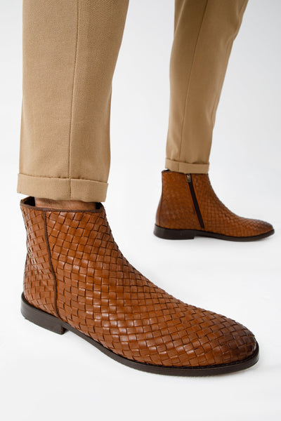 The Wellington Tan Handwoven Leather Men Boot with a Zipper Final Sale!