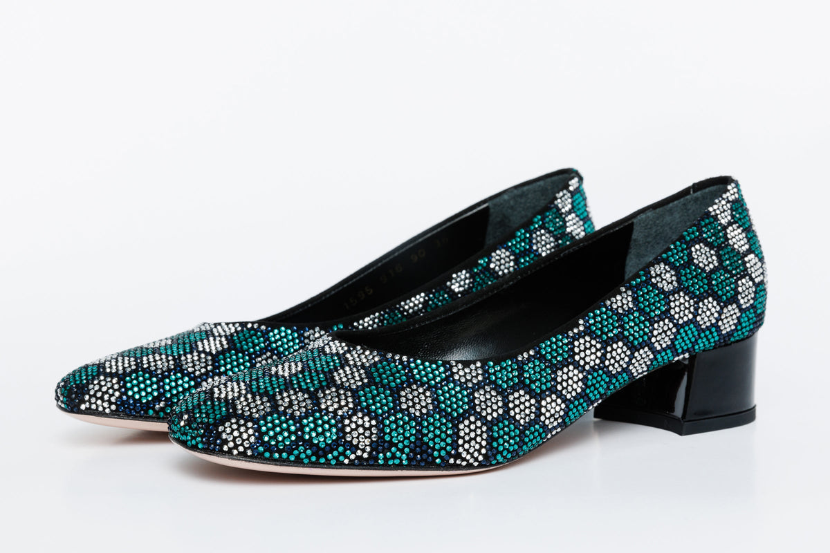 Vinci Leather The Doha Turqoise Glitter Leather Block Pump Women Shoe – product view 2