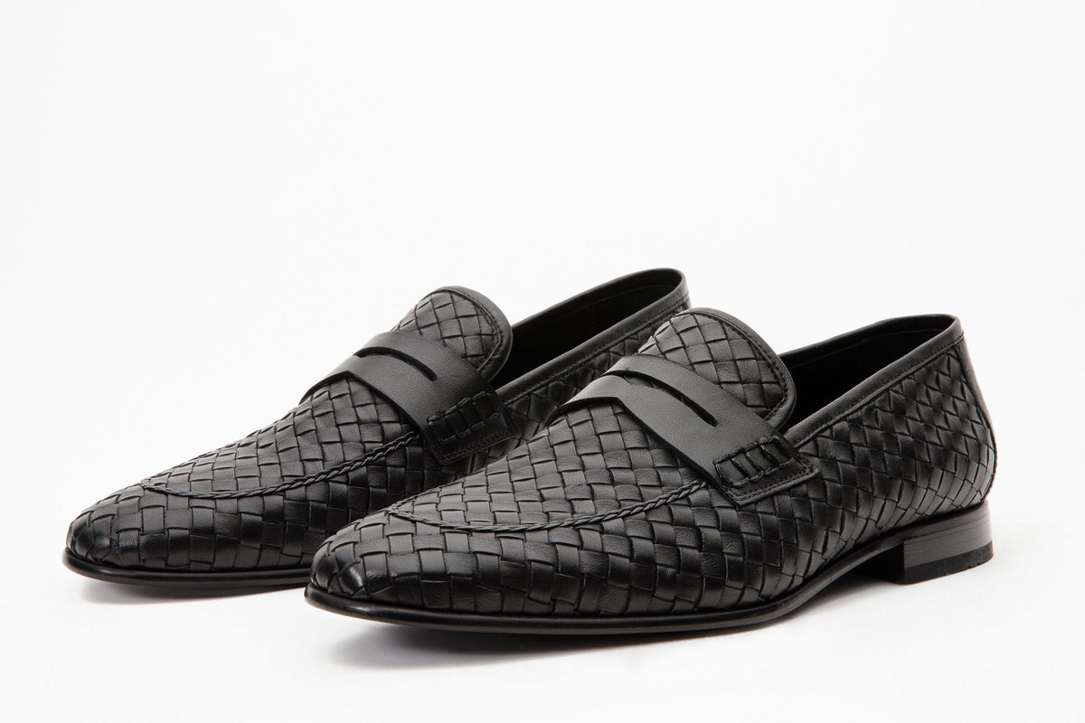 Vinci Leather The Grand Woven Leather Black  Men Shoe Penny Loafer – product view 2