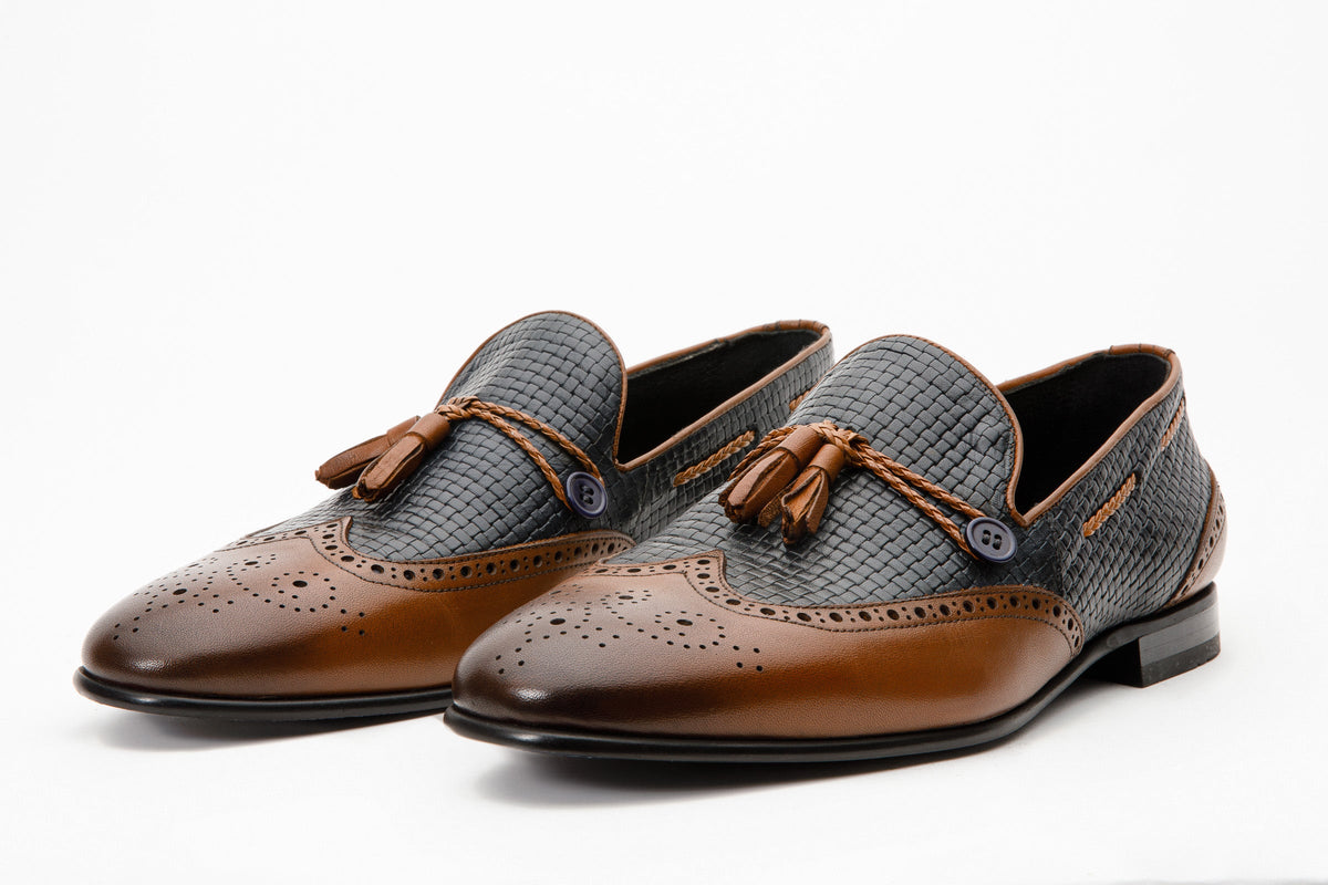 Vinci Leather The Istanbul Tan & Navy Blue Leather Tassel Loafer Men Shoe – product view 3