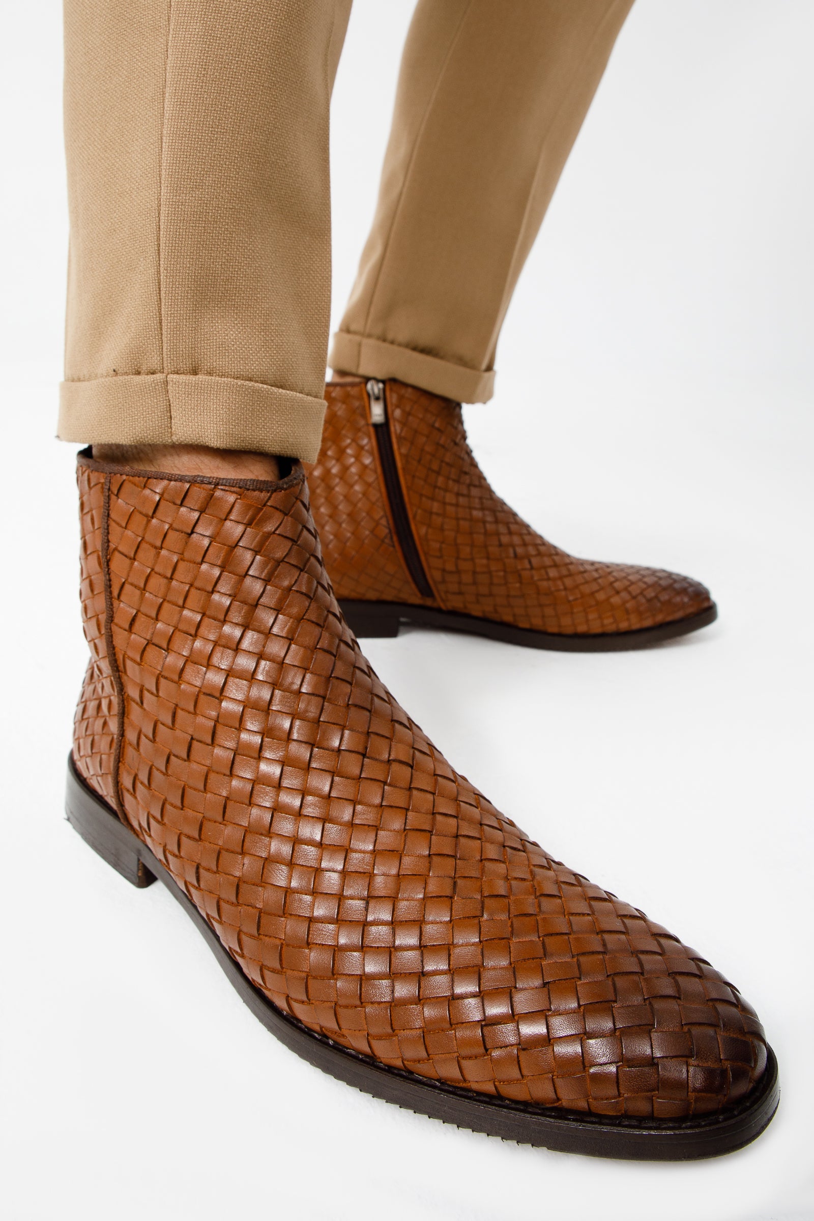 The Wellington Tan Handwoven Leather Men Boot with a Zipper Final Sale!