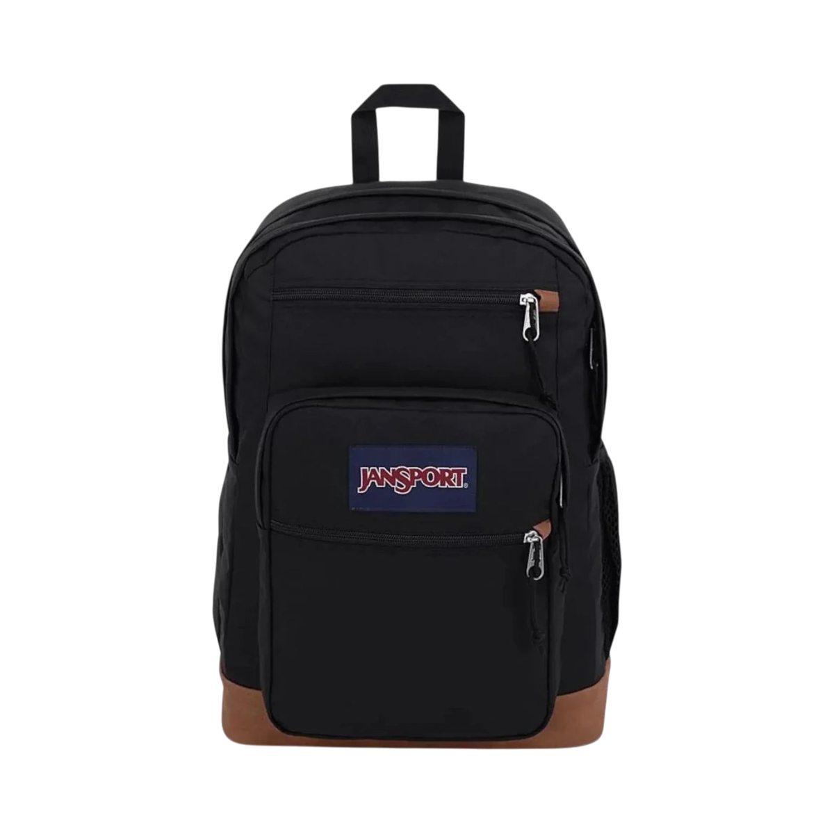 JanSport Cool Student backpack in black with brown base trim, front view showing zippered pockets and top carry handle.