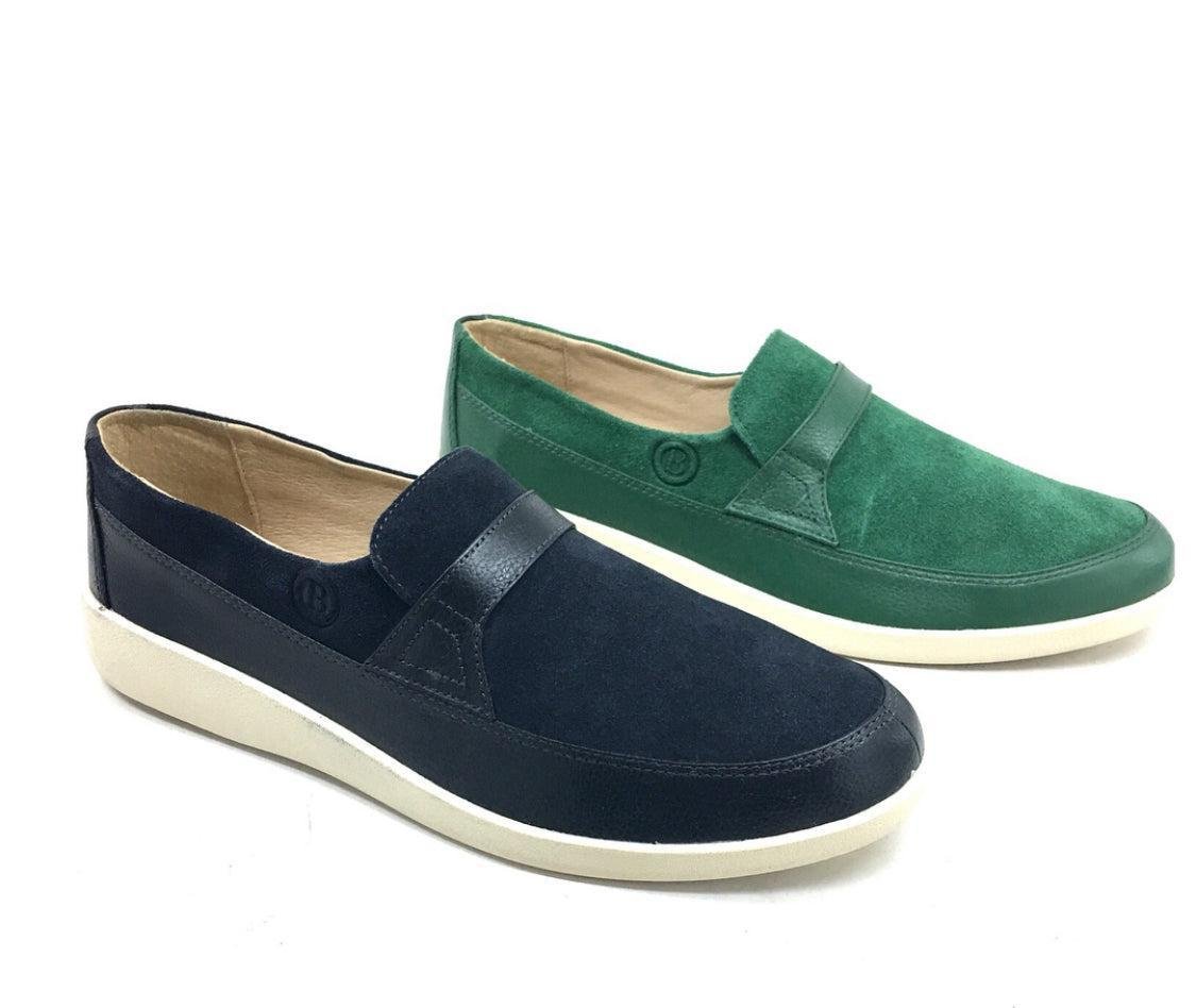 Johnny Famous Bally Style Tribeca Men’s SlipOns – Green Suede and Leather – Vintage 80s Vibe