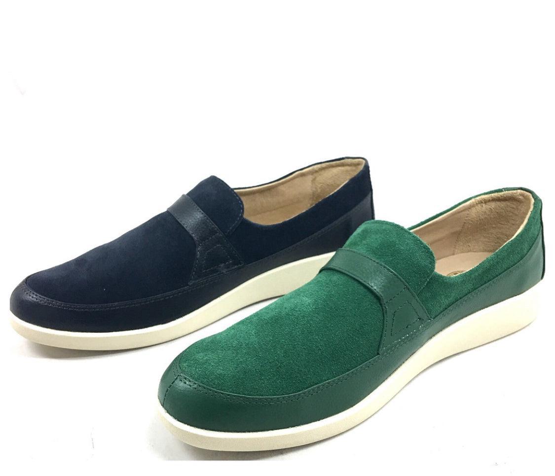 Johnny Famous Bally Style Tribeca Men’s SlipOns – Green Suede and Leather – Vintage 80s Vibe