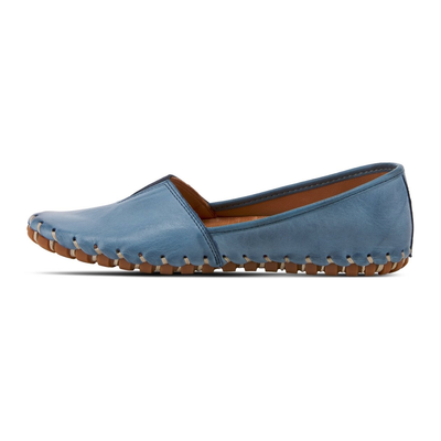 Spring Step Kathaleta women's blue slip-on shoe, left-facing side view