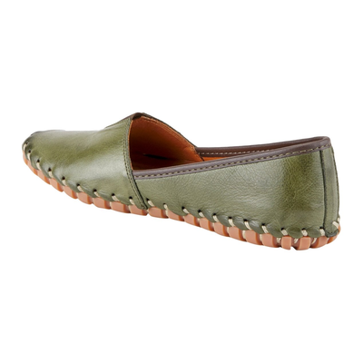 Spring Step Kathaleta women's olive green slip-on shoe, rear three-quarter view