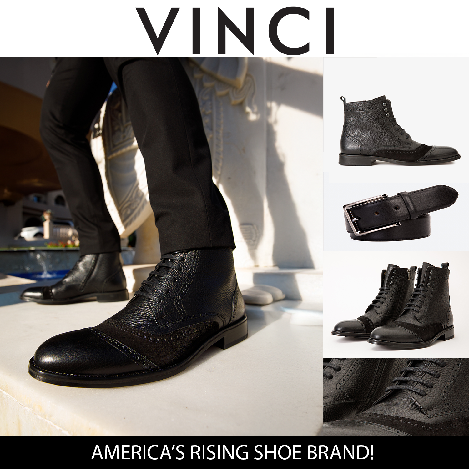 The Anderson Black Leather & Suede Brogue Lace-Up Men  Boot with a Zipper