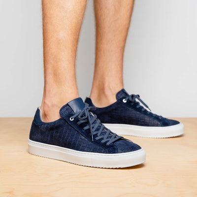 Zelli Italia Men's 66-266-NVY KOBE Crocodile Embossed Italian Sueded Goatskin Sneakers Navy