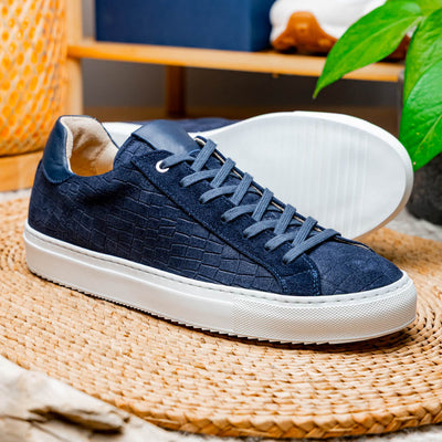 Zelli Italia Men's 66-266-NVY KOBE Crocodile Embossed Italian Sueded Goatskin Sneakers Navy
