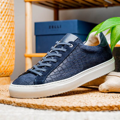 Zelli Italia Men's 66-266-NVY KOBE Crocodile Embossed Italian Sueded Goatskin Sneakers Navy