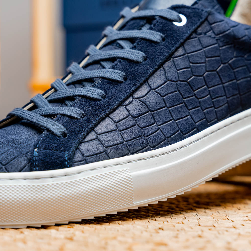 Zelli Italia Men's 66-266-NVY KOBE Crocodile Embossed Italian Sueded Goatskin Sneakers Navy