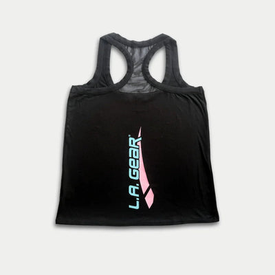 LA Gear Women’s Racerback Tank | Black with Aqua x Pink Logo