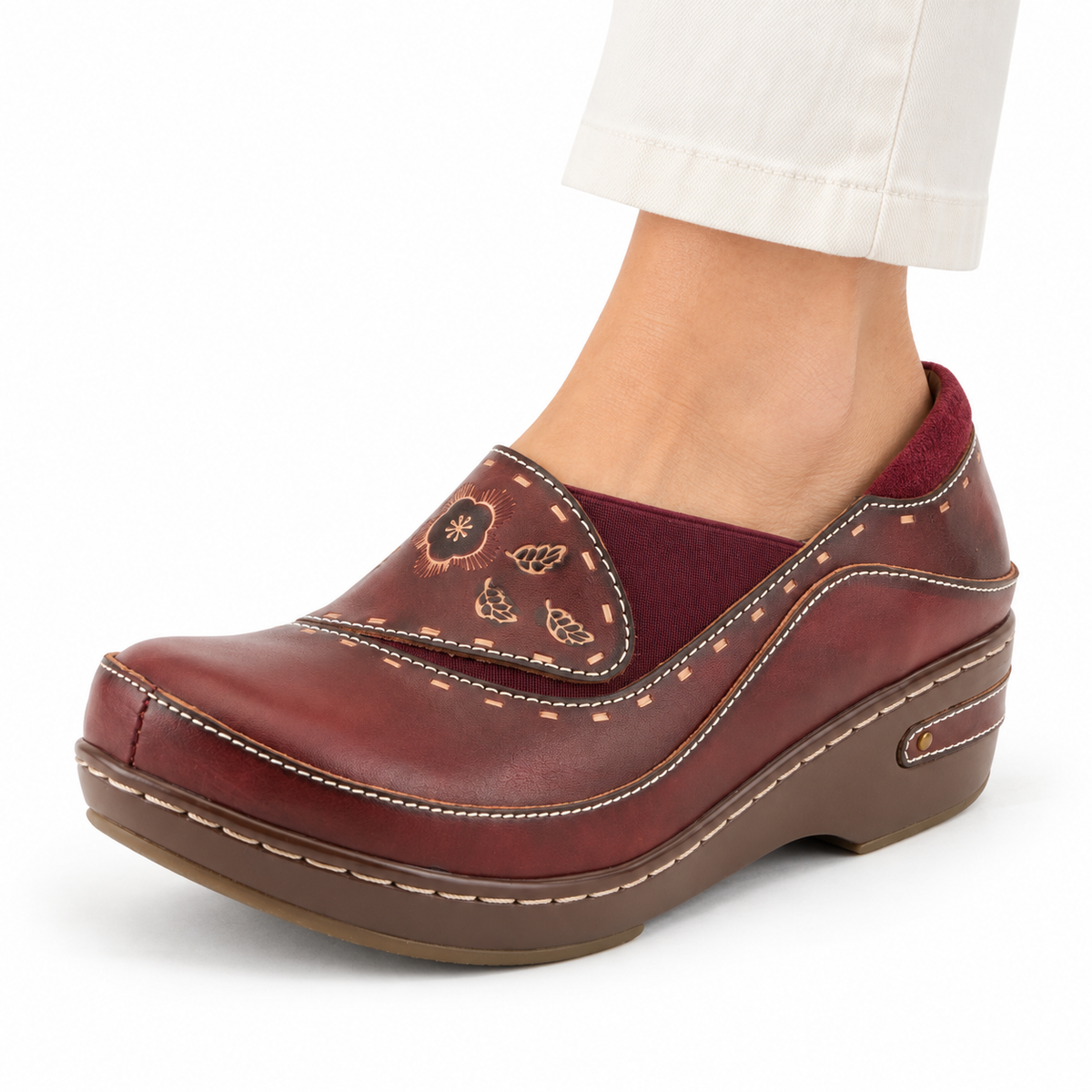 L'Artiste Burbank in Bordeaux, on-foot styling on white; AI-generated model illustration