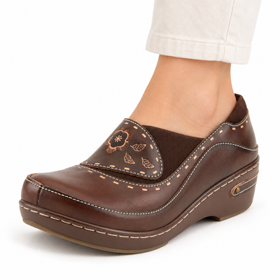L'Artiste Burbank in Brown, on-foot styling on white; AI-generated model illustration