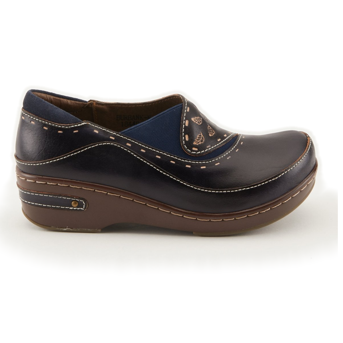L'Artiste Burbank clogs in Navy, side profile