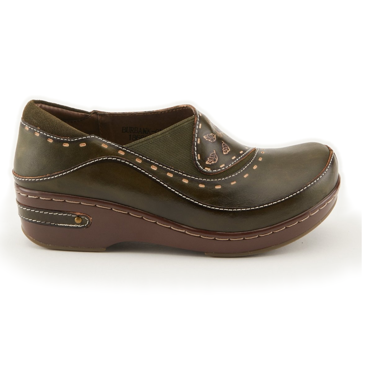 L'Artiste Burbank clogs in Olive Green, side profile