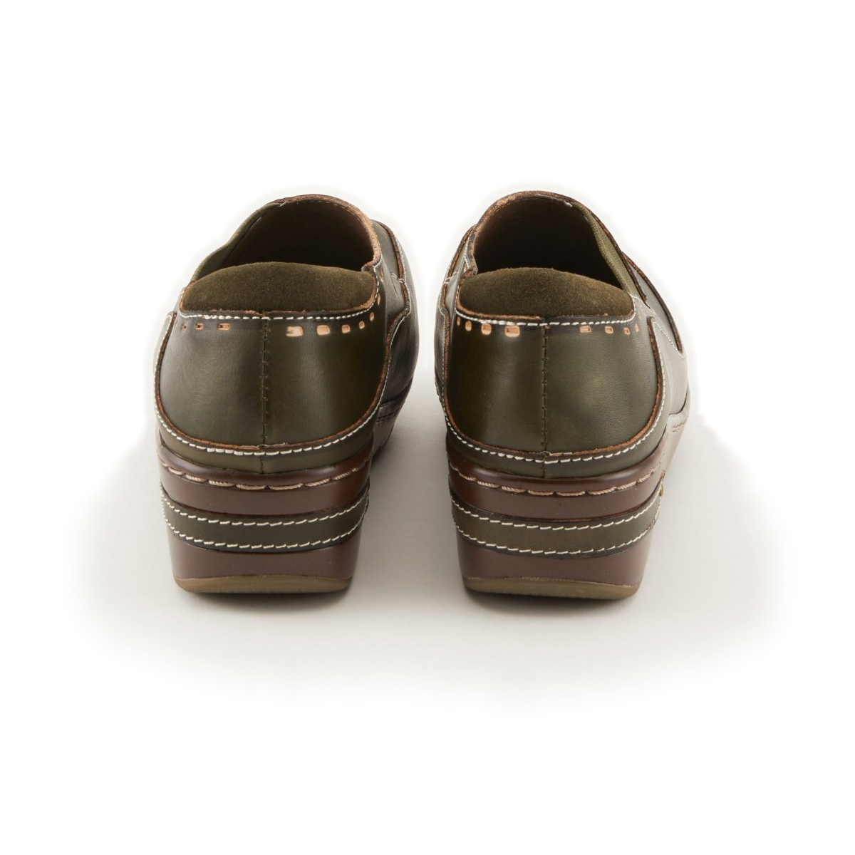 L'Artiste Burbank clogs in Olive Green, rear view