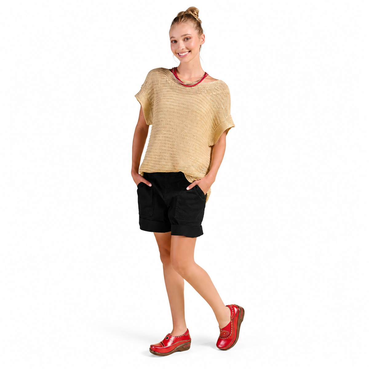 L'Artiste Burbank in Red, standing model; AI-assisted white-background styling edit