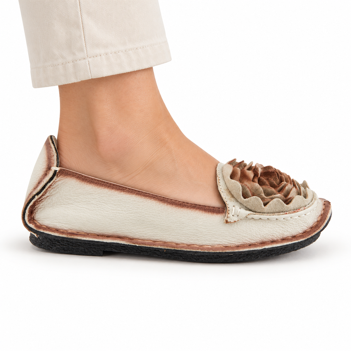 L'Artiste Dezi Natural flat, on-foot side view against white; AI-generated styling illustration