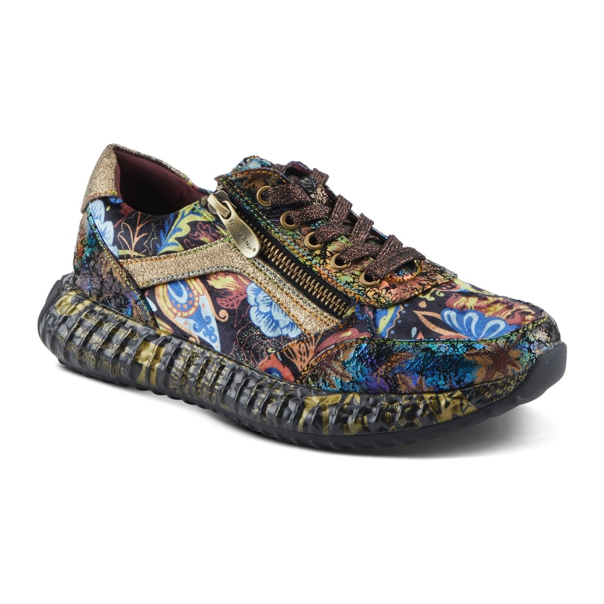 L'Artiste Javana women's gold multi sneaker, three-quarter view