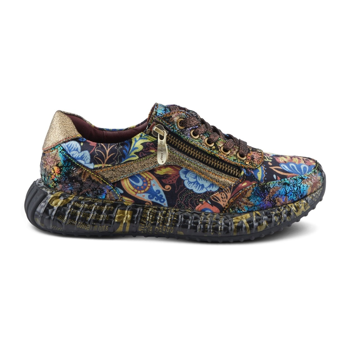 L'Artiste Javana women's gold multi sneaker, right-facing side profile view