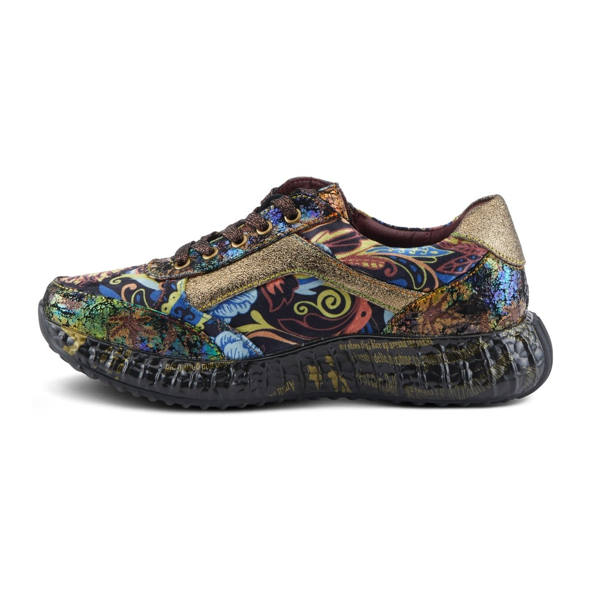 L'Artiste Javana women's gold multi sneaker, left-facing side profile view