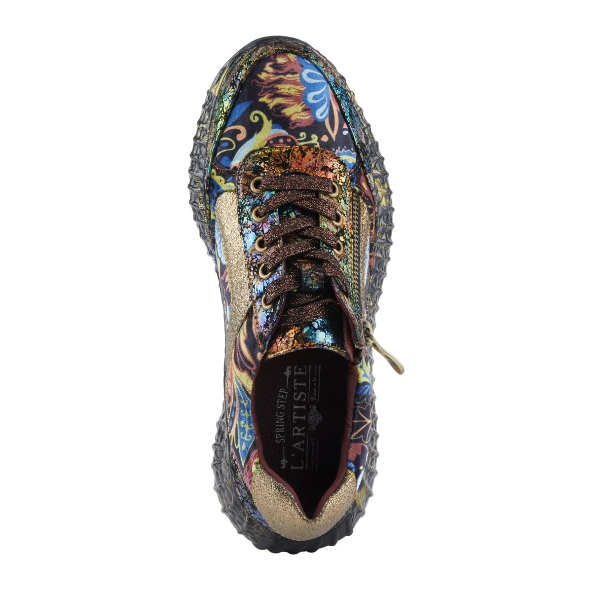 L'Artiste Javana women's gold multi sneaker, top view