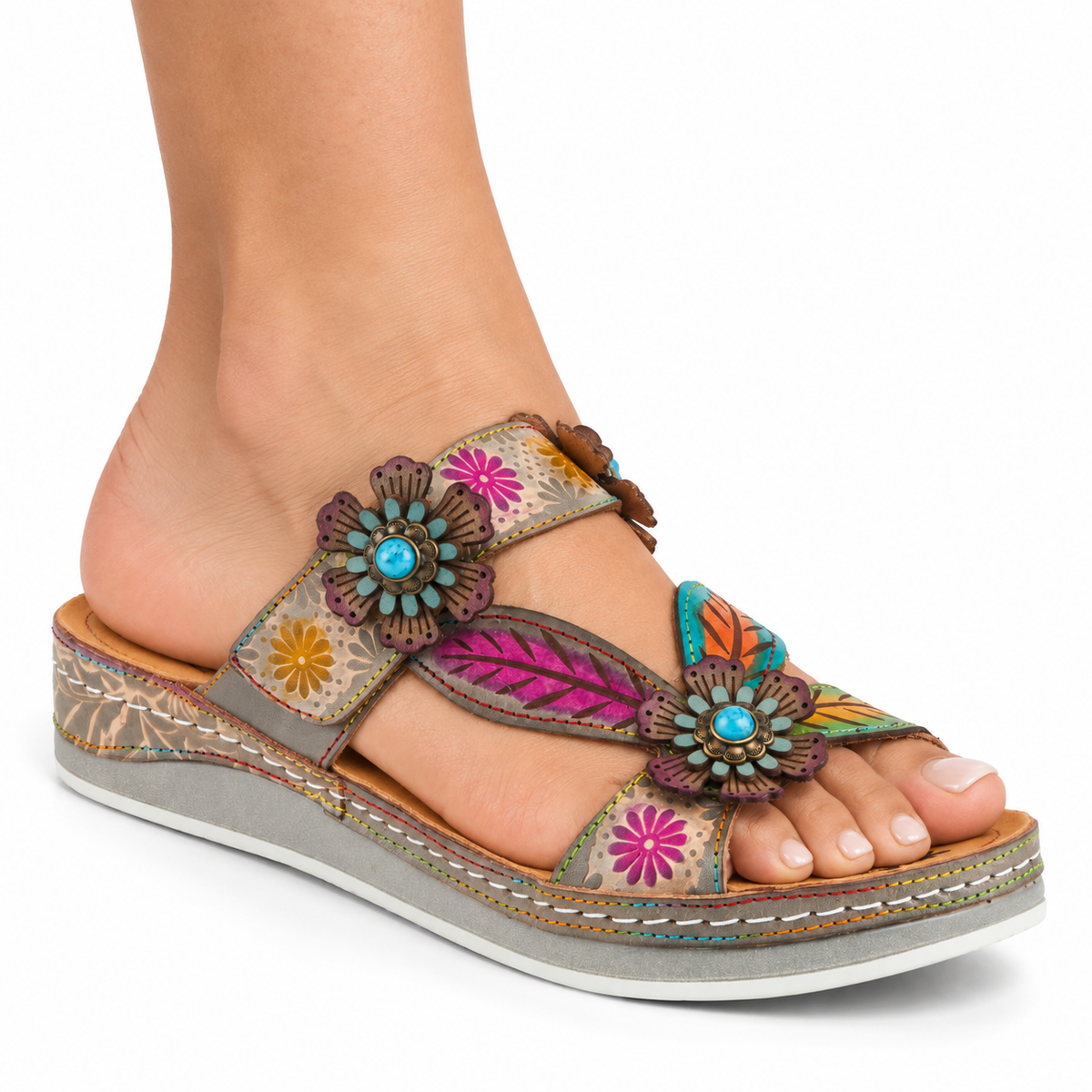 AI-generated on-model styling illustration of a L’Artiste Pillow-Soft sandal in Grey Multi on a white background.