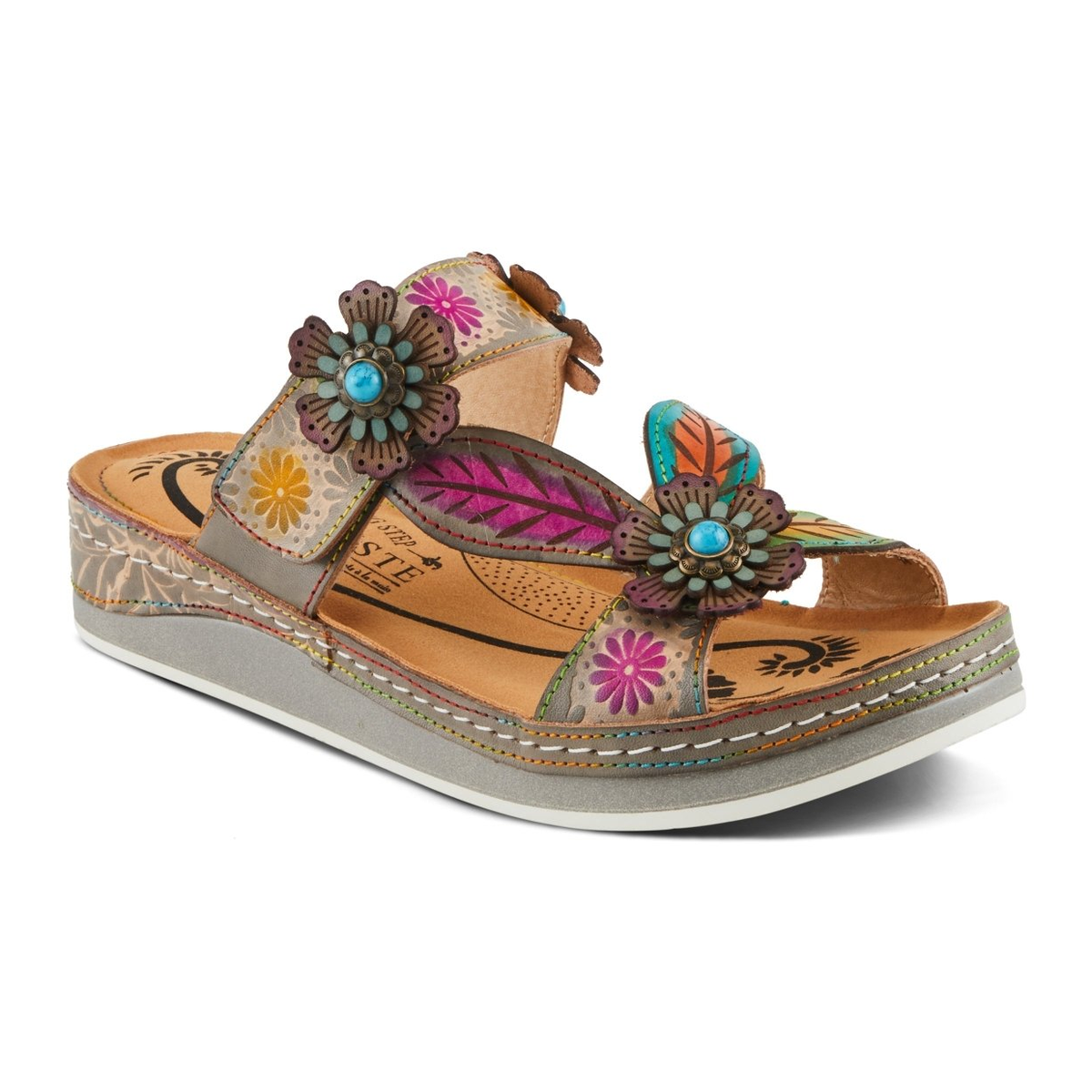 L'Artiste Pillow-Soft floral slide sandal in Grey Multi, front three-quarter view