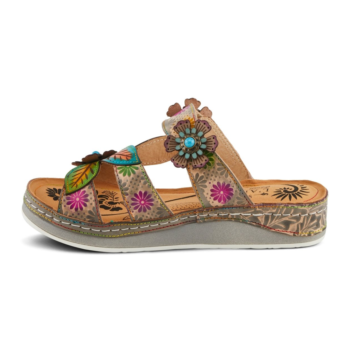 L'Artiste Pillow-Soft floral slide sandal in Grey Multi, left-facing side profile