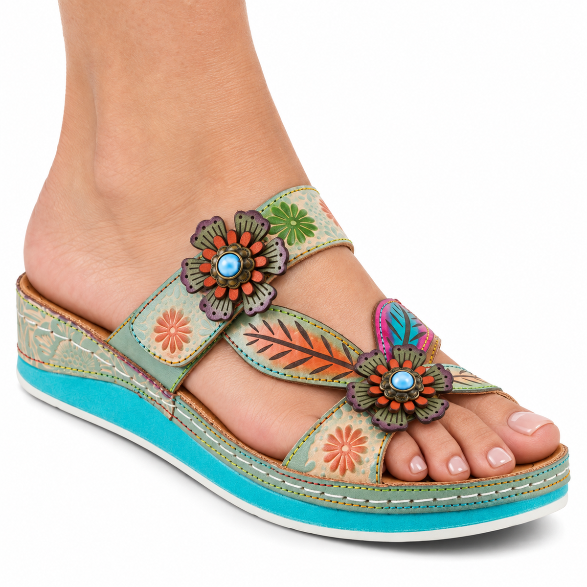 AI-generated on-model styling illustration of a L’Artiste Pillow-Soft sandal in Mint Green Multi on a white background.