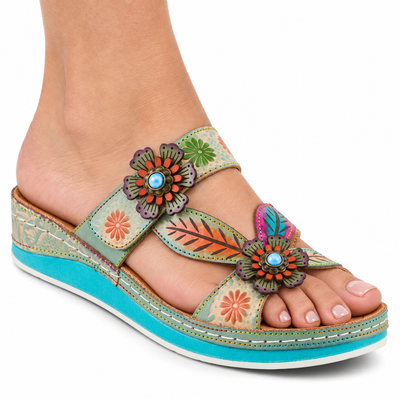 AI-generated on-model styling illustration of a L’Artiste Pillow-Soft sandal in Mint Green Multi on a white background.