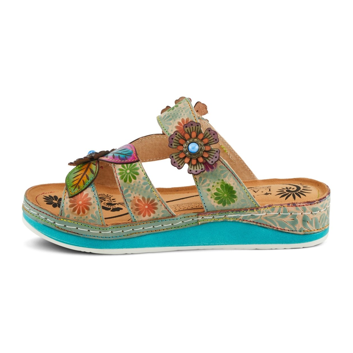 L'Artiste Pillow-Soft floral slide sandal in Mint Green Multi, left-facing side profile