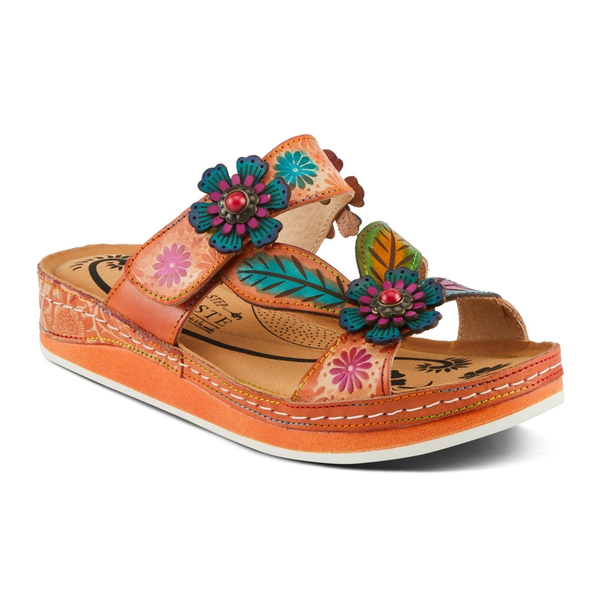 L'Artiste Pillow-Soft floral slide sandal in Peach Multi, front three-quarter view