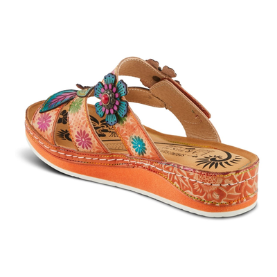 L'Artiste Pillow-Soft floral slide sandal in Peach Multi, rear three-quarter view