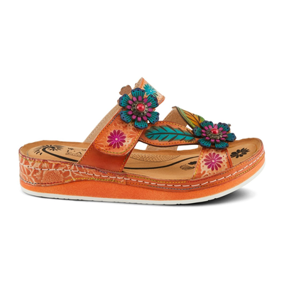 L'Artiste Pillow-Soft floral slide sandal in Peach Multi, right-facing side profile