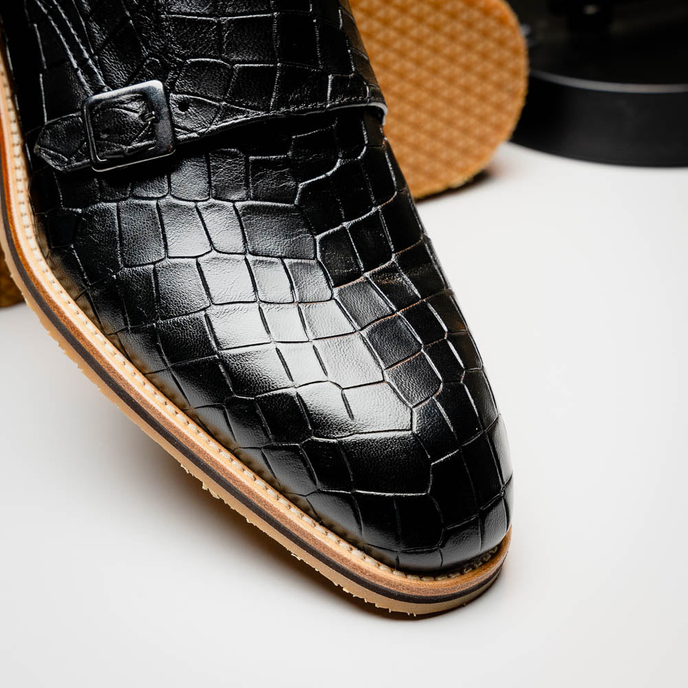 Zelli Italia Men's 55-112-BLK LEGERRA Hand Burnished Crocodile Print Monkstrap Black