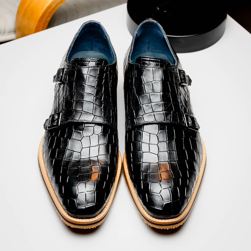 Zelli Italia Men's 55-112-BLK LEGERRA Hand Burnished Crocodile Print Monkstrap Black