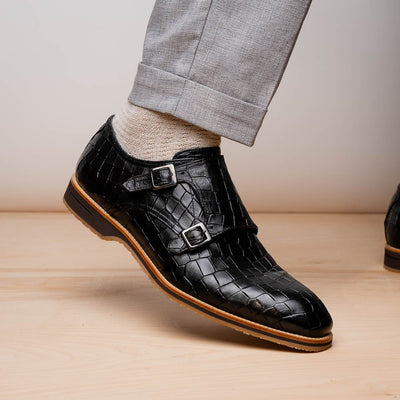 Zelli Italia Men's 55-112-BLK LEGERRA Hand Burnished Crocodile Print Monkstrap Black