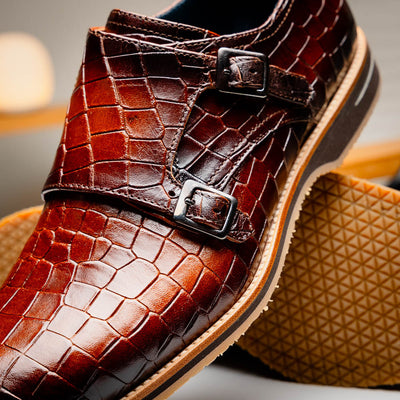 Zelli Italia Men's 55-112-CGN LEGERRA Hand Burnished Crocodile Print Monkstrap Cognac