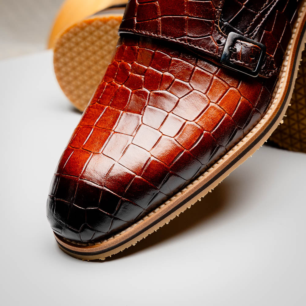 Zelli Italia Men's 55-112-CGN LEGERRA Hand Burnished Crocodile Print Monkstrap Cognac