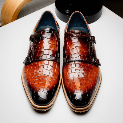 Zelli Italia Men's 55-112-CGN LEGERRA Hand Burnished Crocodile Print Monkstrap Cognac