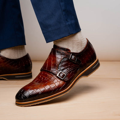 Zelli Italia Men's 55-112-CGN LEGERRA Hand Burnished Crocodile Print Monkstrap Cognac