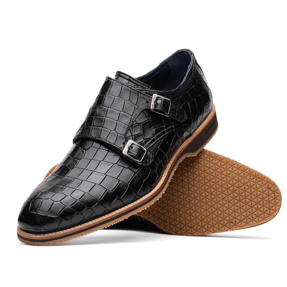Zelli Italia Men's 55-112-BLK LEGERRA Hand Burnished Crocodile Print Monkstrap Black