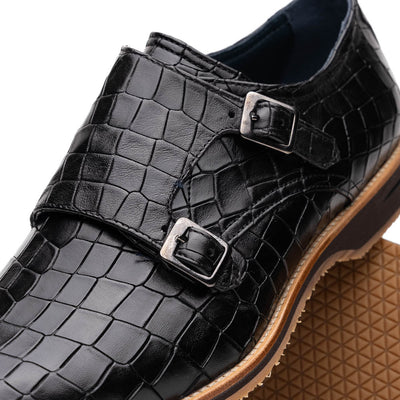 Zelli Italia Men's 55-112-BLK LEGERRA Hand Burnished Crocodile Print Monkstrap Black
