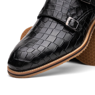 Zelli Italia Men's 55-112-BLK LEGERRA Hand Burnished Crocodile Print Monkstrap Black