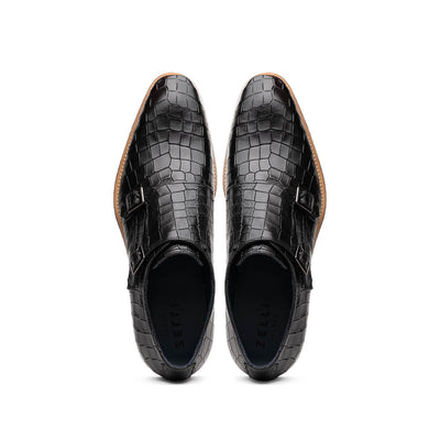 Zelli Italia Men's 55-112-BLK LEGERRA Hand Burnished Crocodile Print Monkstrap Black