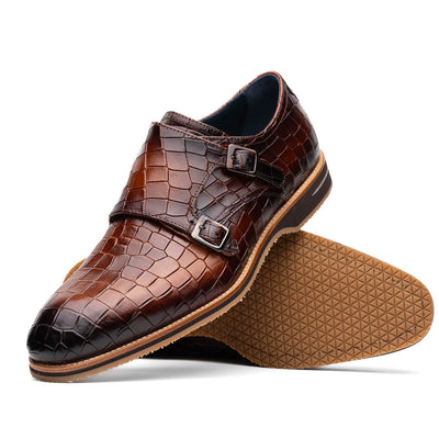 Zelli Italia Men's 55-112-CGN LEGERRA Hand Burnished Crocodile Print Monkstrap Cognac